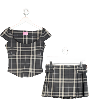debute Black Checked Pleated Mini Skirt And Top Set UK XXS