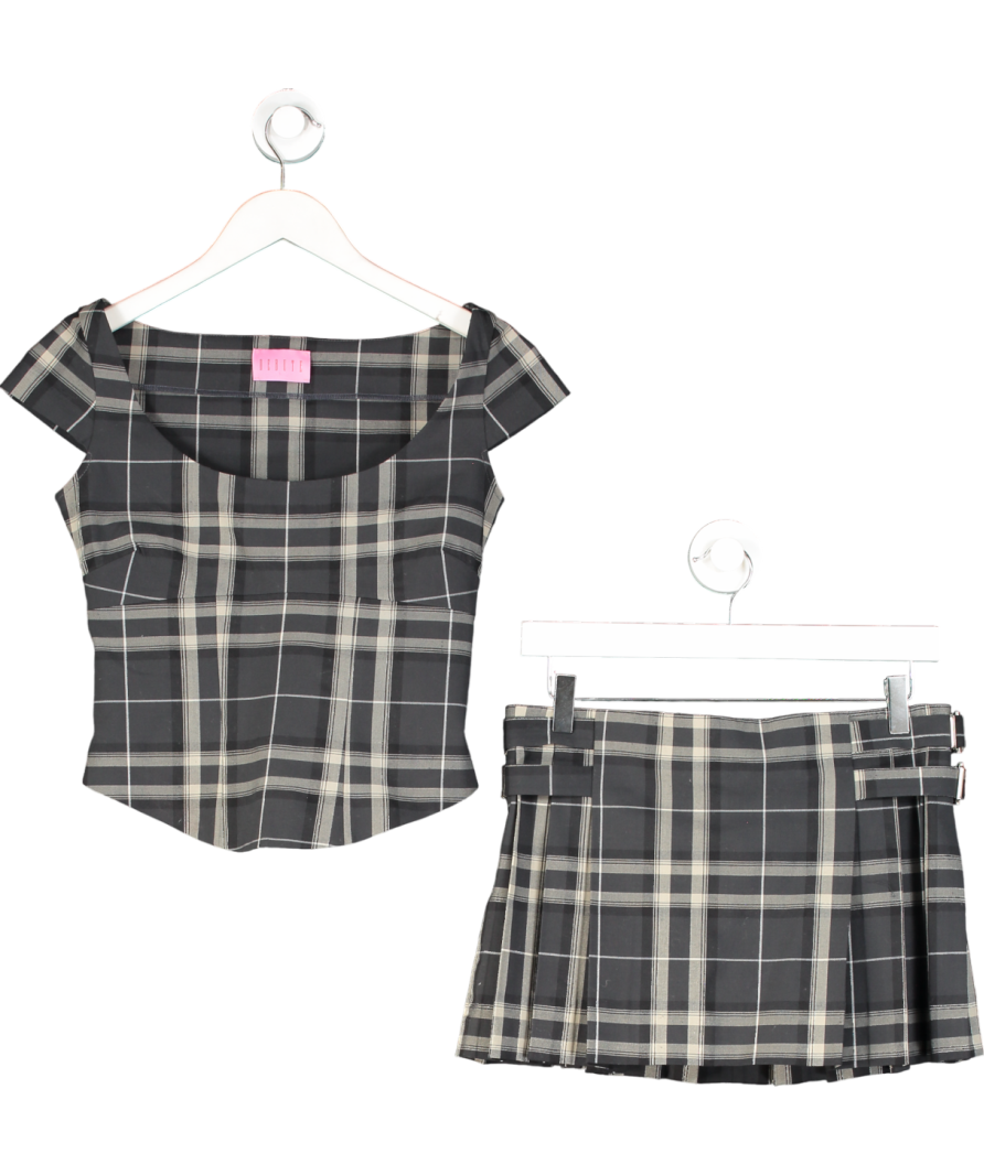 debute Black Checked Pleated Mini Skirt And Top Set UK XXS