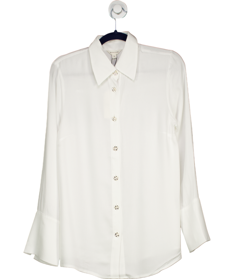 Monsoon White Sandra Plain Floral-button Shirt Ivory UK S