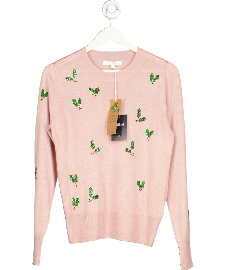 Next Pink Fine Knit Christmas Jumper With Sequin Holly Leaves UK 12