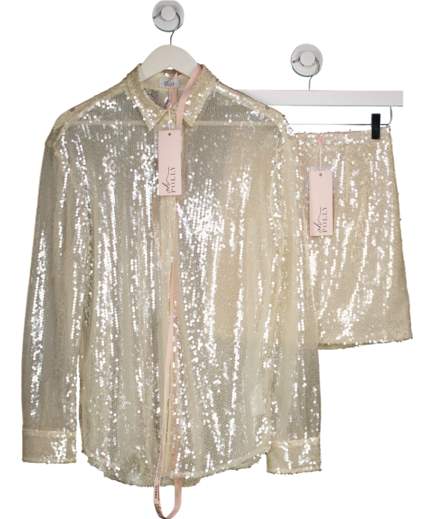 Oh Polly Cream Sequin Shirt And Mini Skirt Set UK 8