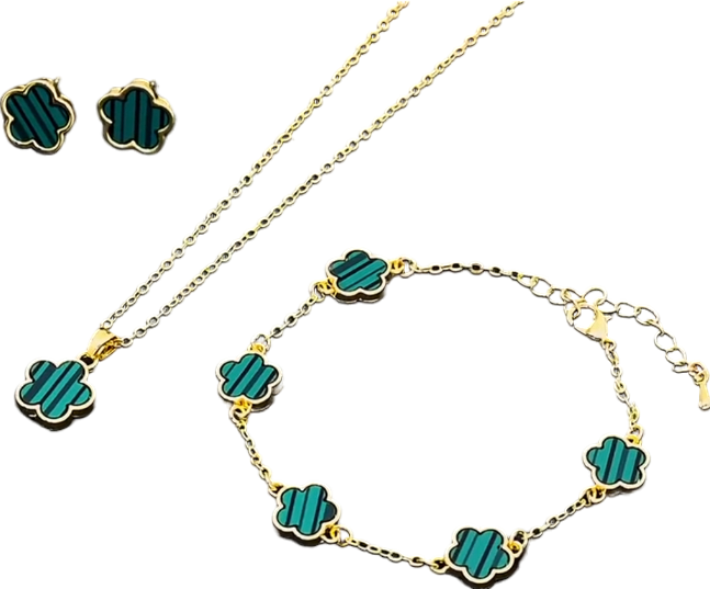 Green /gold 3 Piece Clover Bracelet/necklace/earrings Set One Size