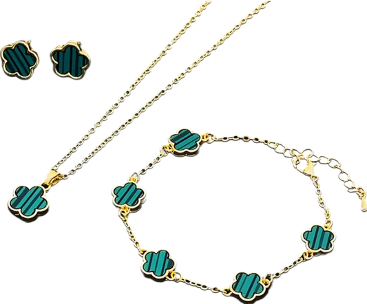 Green /gold 3 Piece Clover Bracelet/necklace/earrings Set One Size