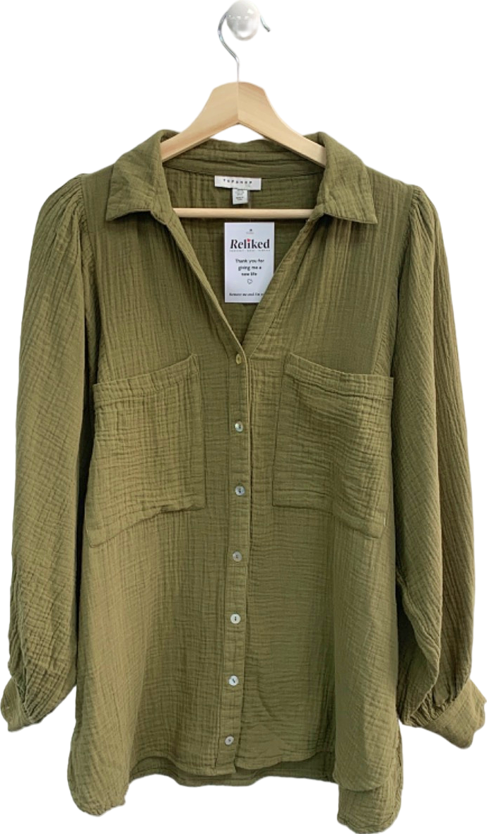 Topshop Khaki Button-Up Long Sleeve Blouse UK 10