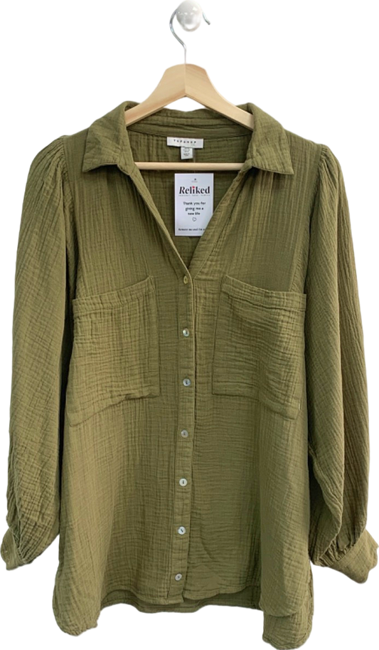 Topshop Khaki Button-Up Long Sleeve Blouse UK 10