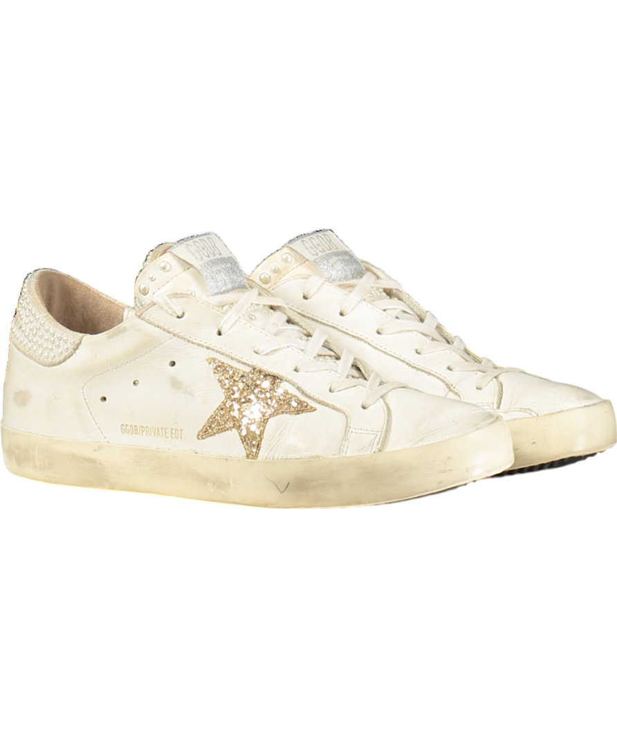 Golden Goose White Super-star Pearl Embellished Distressed Glittered Leather Trainers UK 6 EU 39 👠