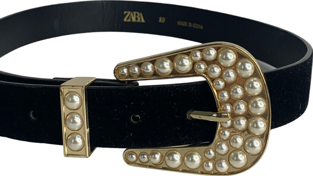 ZARA Black Velvet Belt With Pearl Trim UK 14