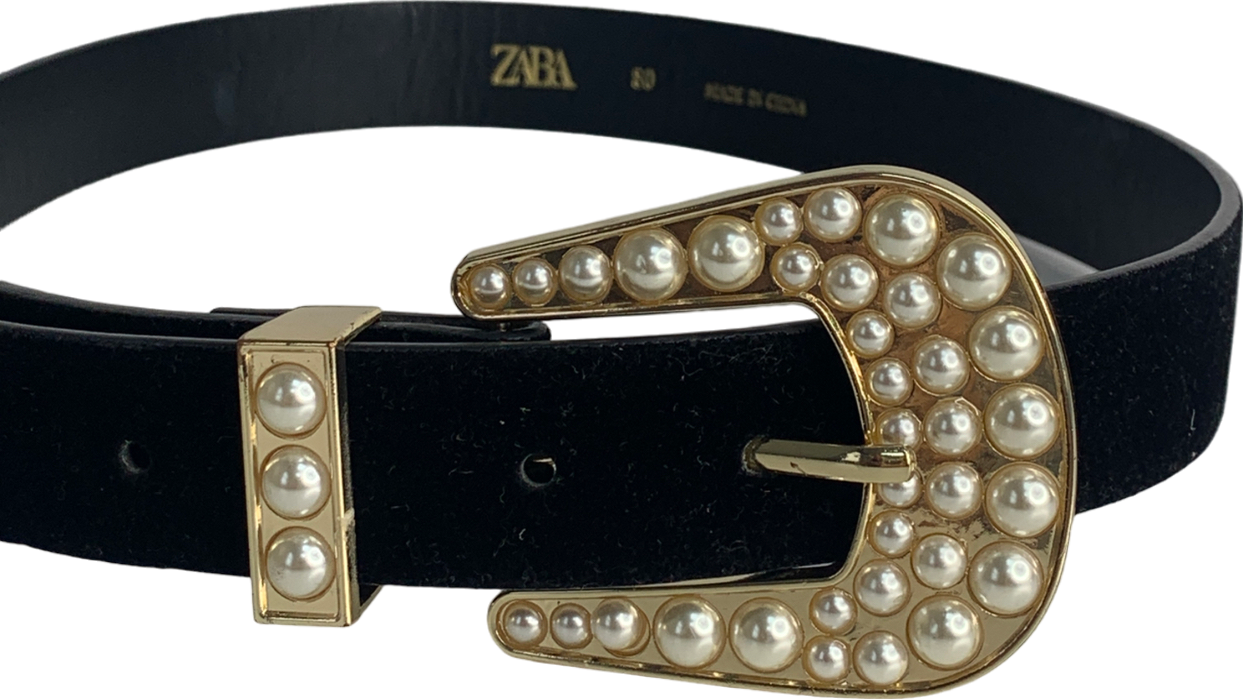 ZARA Black Velvet Belt With Pearl Trim UK 14