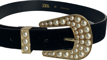 ZARA Black Velvet Belt With Pearl Trim UK 14