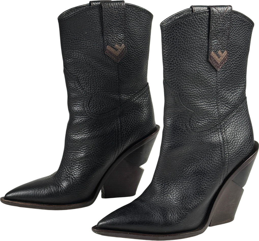 FENDI Black Grained Leather 'f"logo Cutwalk Western Boots UK 5 EU 38 👠