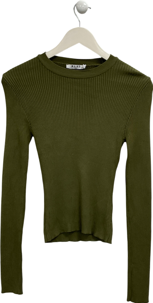 NA-KD Green Basic Ribbed Long Sleeve Top UK XS