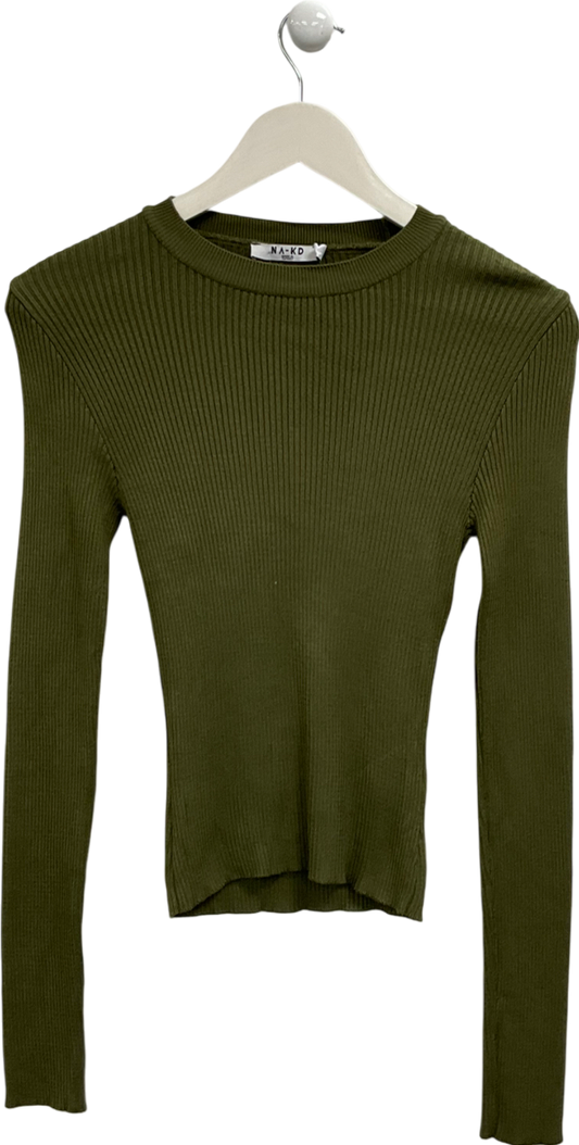 NA-KD Green Basic Ribbed Long Sleeve Top UK XS