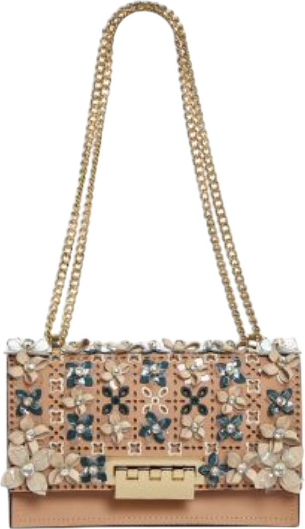 ZAC POSEN Beige Earthette Floral Appliqué Convertible Shoulder Bag