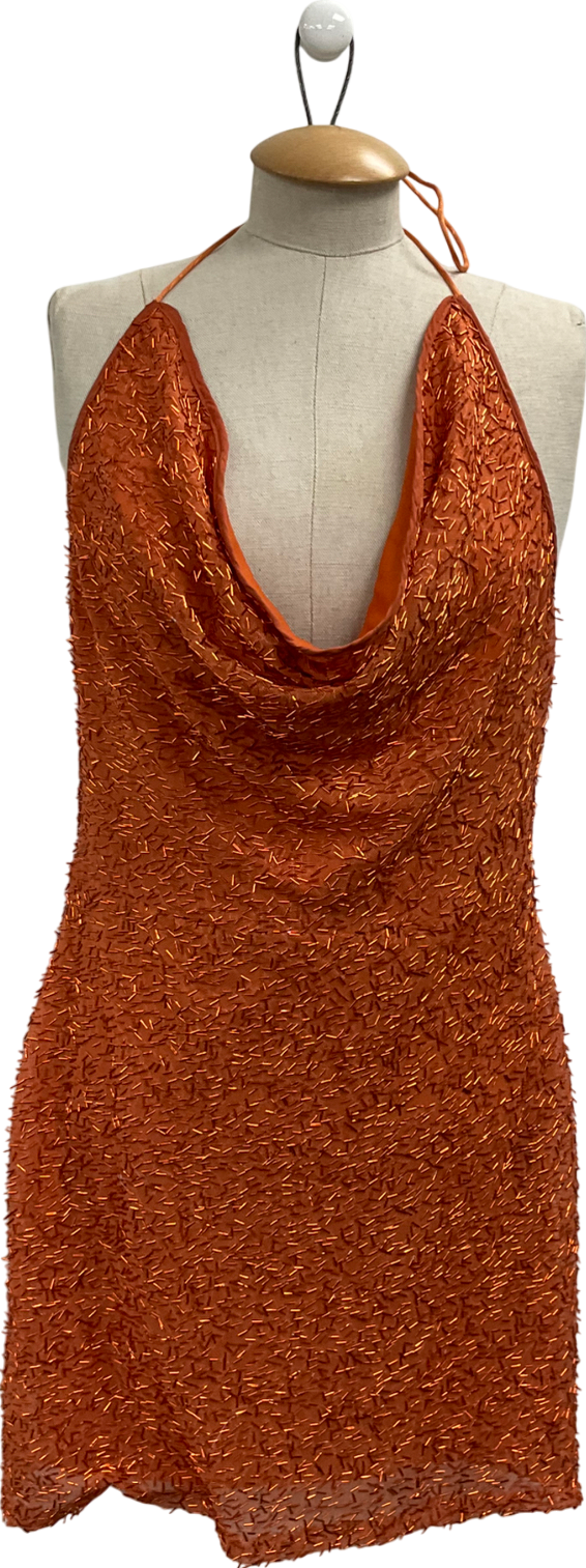 boohoo Orange Sequin Drape Strappy Cowl Mini Dress UK 10