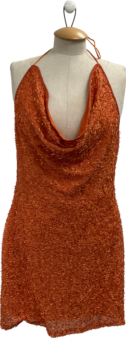 boohoo Orange Sequin Drape Strappy Cowl Mini Dress UK 10