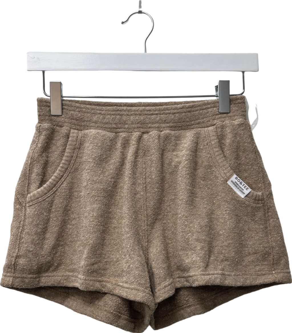 Bo + Tee Beige Terry Towelling Shorts In Mocha Brown UK XS