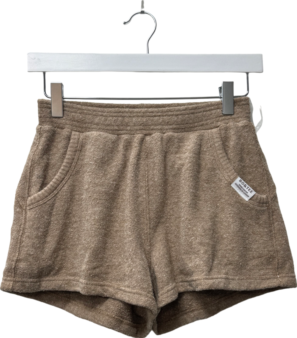 Bo + Tee Beige Terry Towelling Shorts In Mocha Brown UK XS