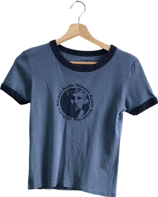 Brandy Melville Blue/Black Silence Radio Print T-Shirt One Size