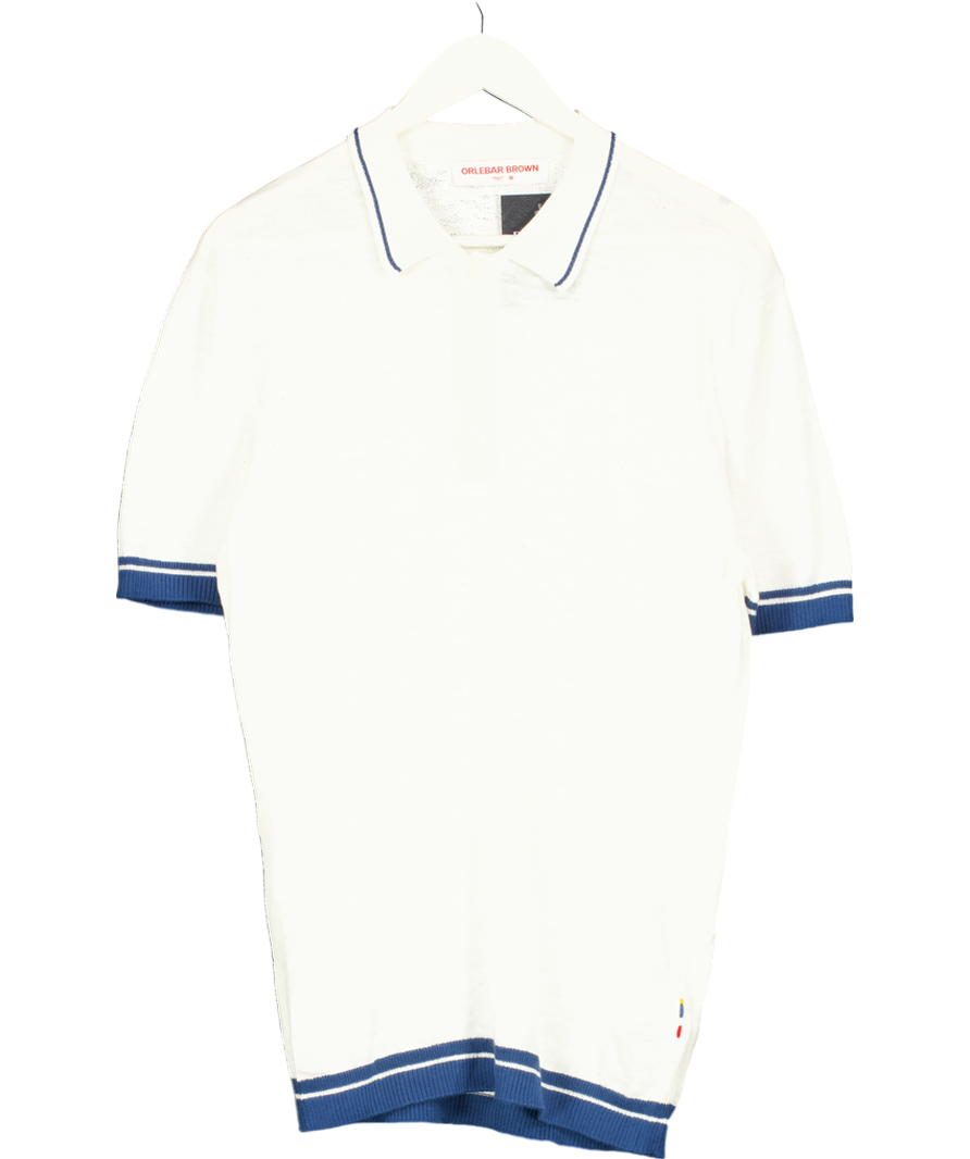 Orlebar Brown White Maranon Striped Cotton Linen Polo Shirt UK M