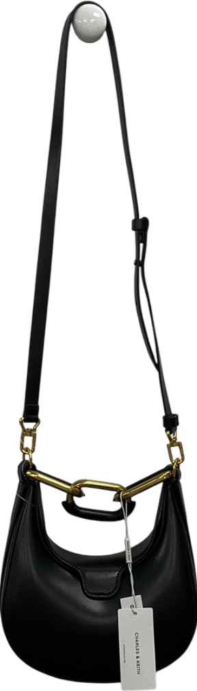 Charles & Keith Mini Kora Croc-effect Chain-link Moon Bag - Black One Size