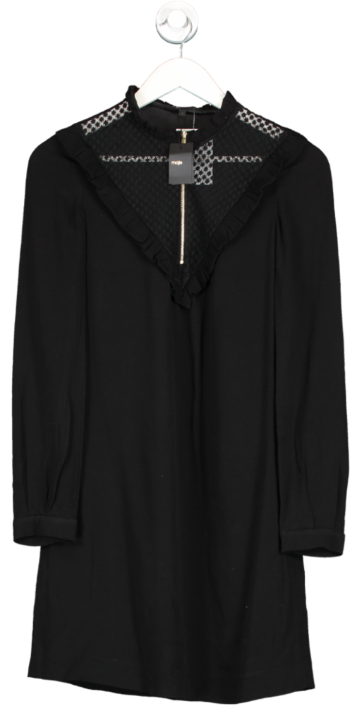 Maje Black Dual Material Long Sleeve Mini Dress UK S