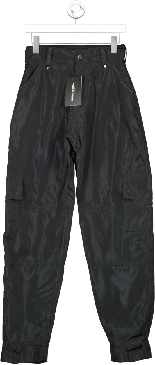 PrettyLittleThing Black Shell Straight Cargo Trousers UK 10