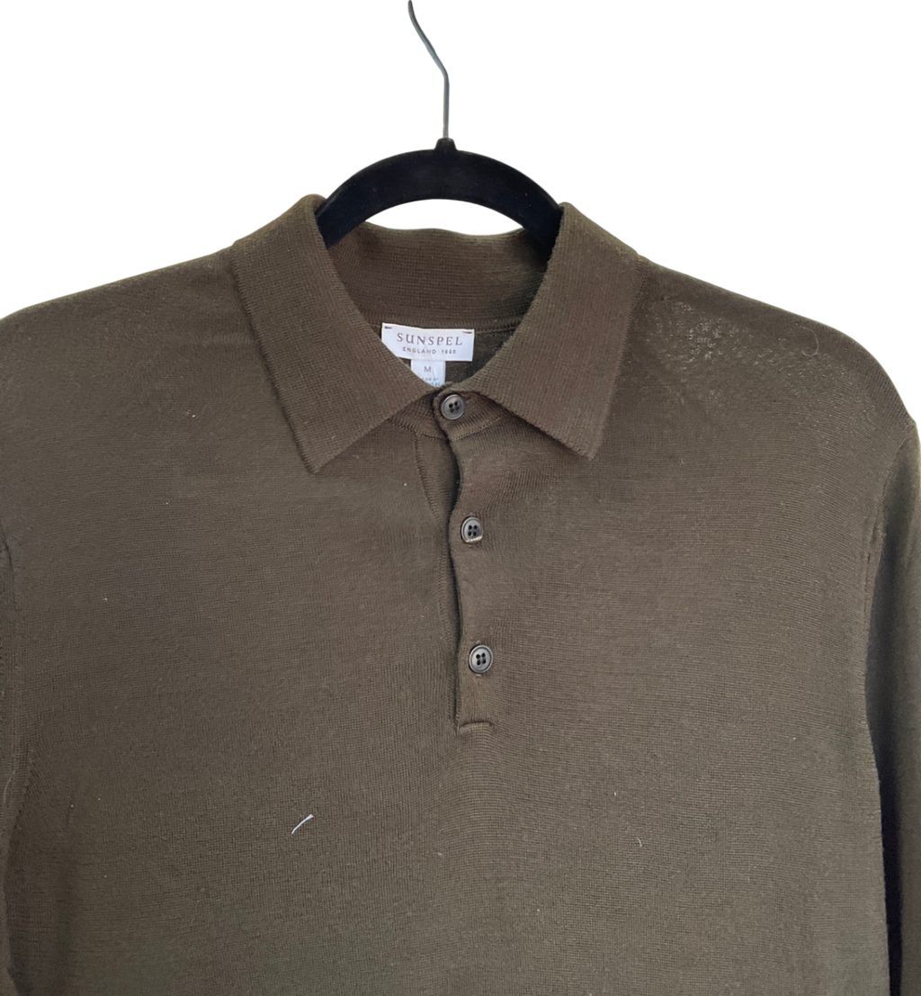sunspel Green Long Sleeve Polo UK M