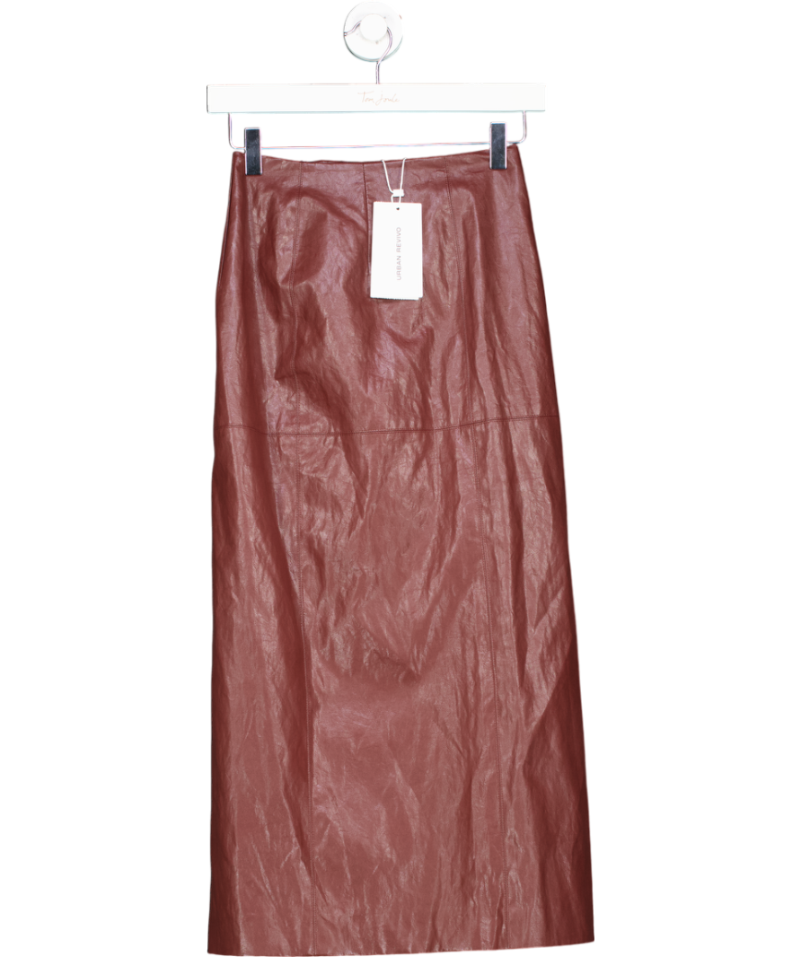 Urban Revivo Brown Vegan Leather Midi Straight Skirt UK XXS
