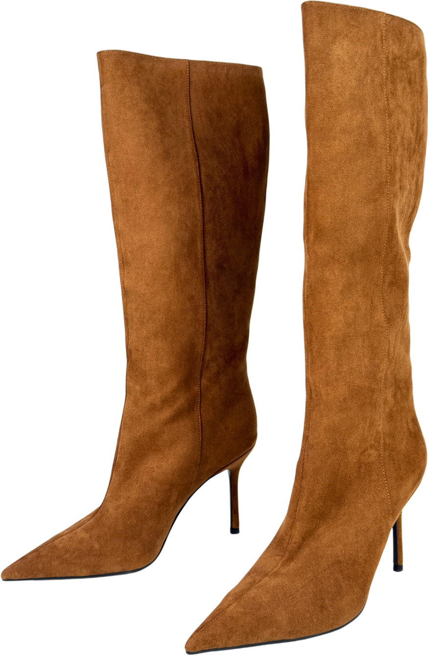 Charles & Keith Brown Faux Suede Pointed Stiletto Knee-high Boots - Cognac UK 6 EU 39 👠