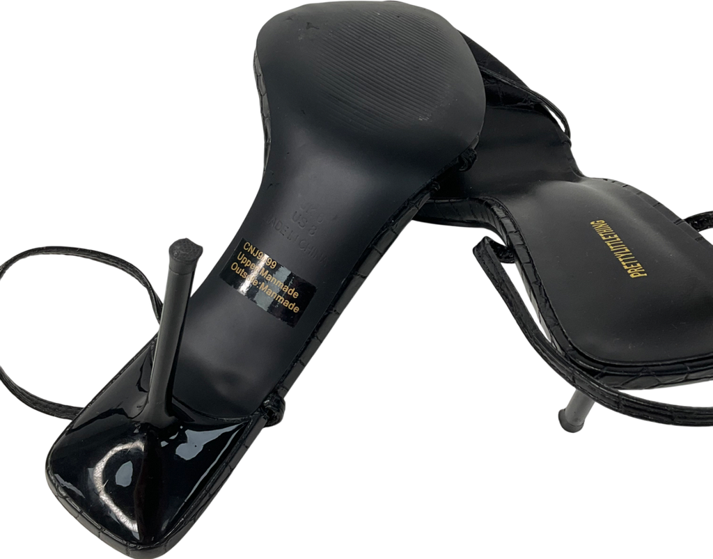 PrettyLittleThing Black Pu Croc Barely There High Heeled Sandals UK 6 EU 39 👠