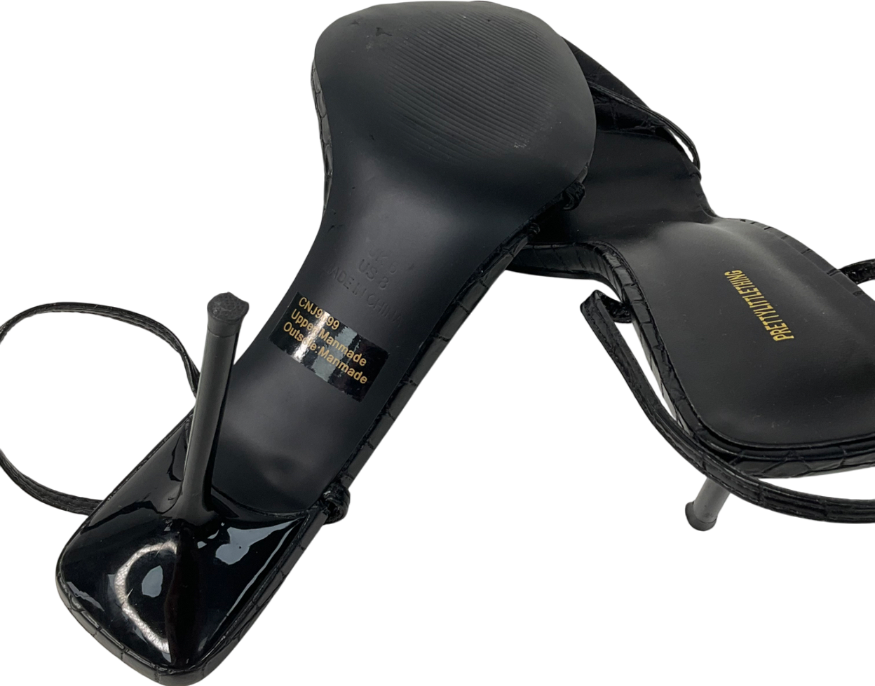 PrettyLittleThing Black Pu Croc Barely There High Heeled Sandals UK 6 EU 39 👠