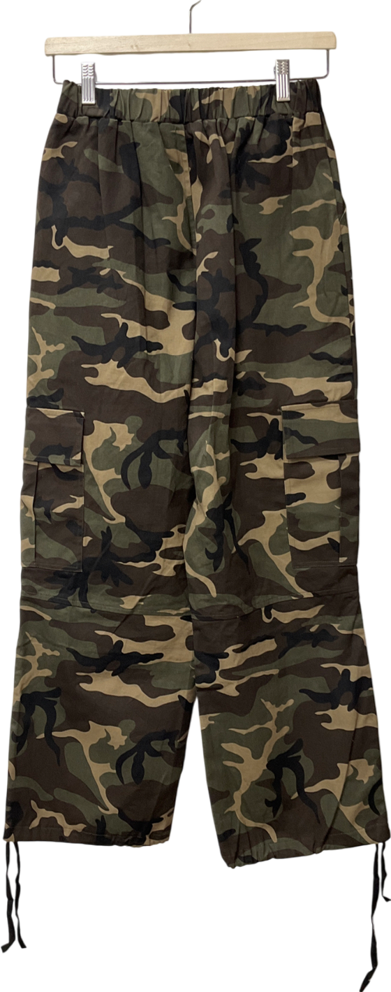 romwe Green Guys Camo Print Flap Pocket Drawstring Waist Cargo Trousers UK M