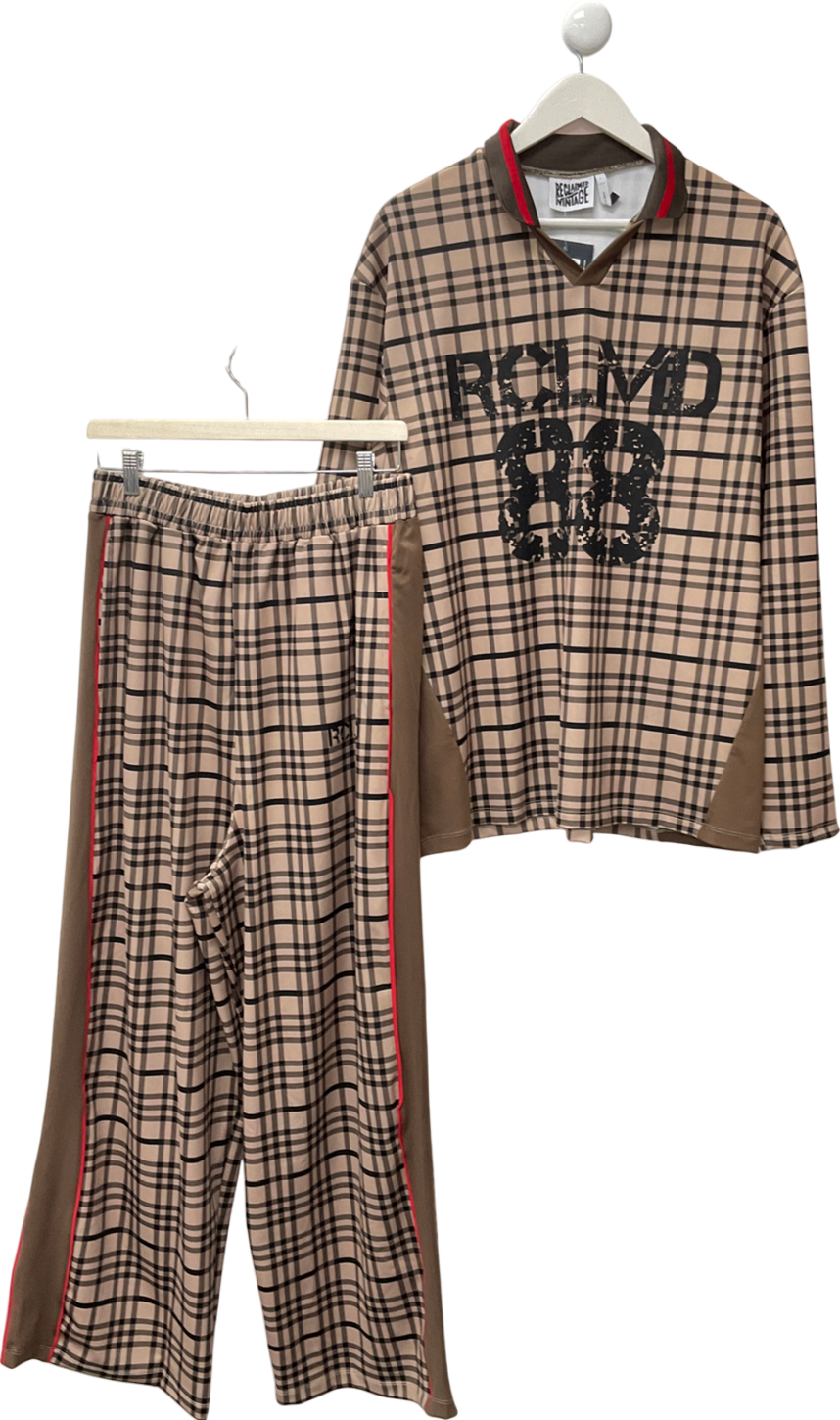 Reclaimed Vintage Beige Unisex Wide Leg Sports Jogger In Check Print & Long Sleeve Football Top UK L