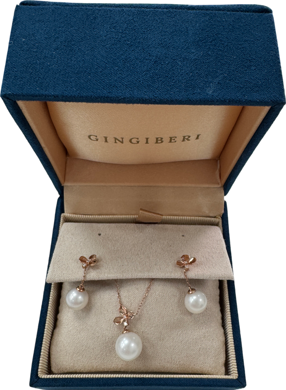 GINGIBERI 18k solid rose gold and real pearls -  Diamond Pendant Necklace And Earring Set