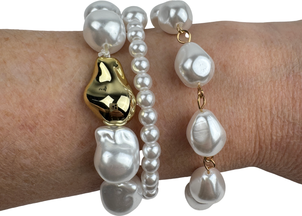 Cream Set Of 3 Baroque Faux Pearl Bracelet Stack