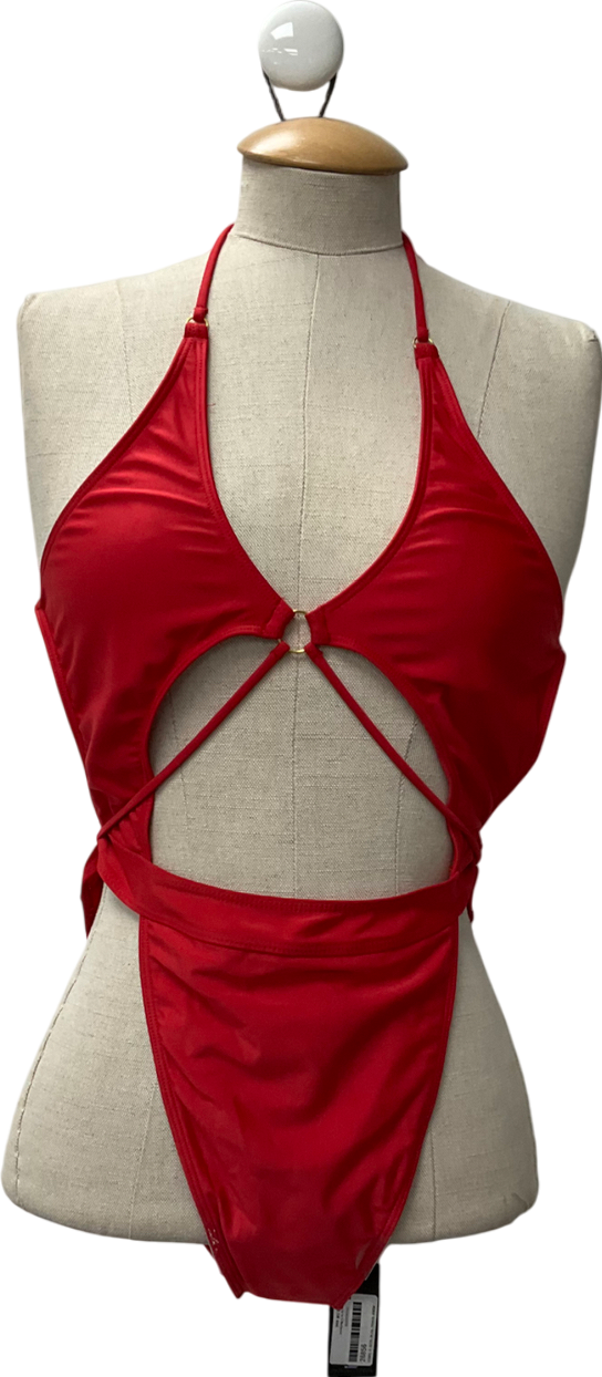 PrettyLittleThing Red Cut Out Twist Tie Waist Swimsuit UK 12