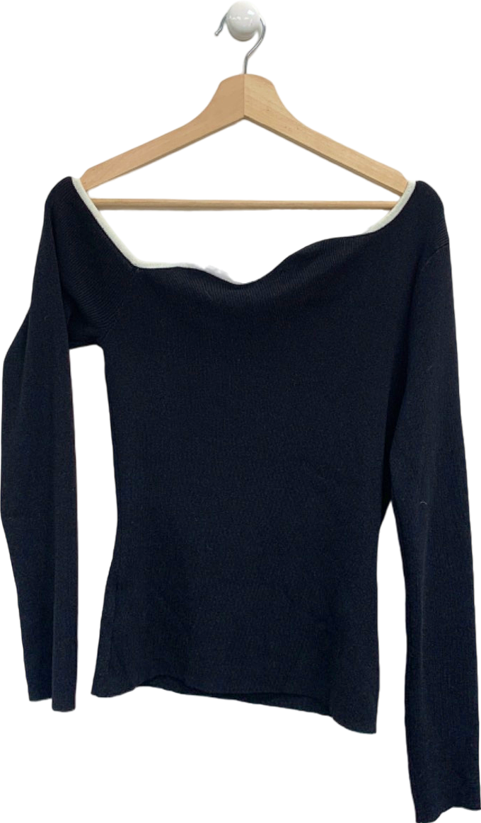 NA-KD Black Wavy Shoulder Tight Fine Knitted Top UK S