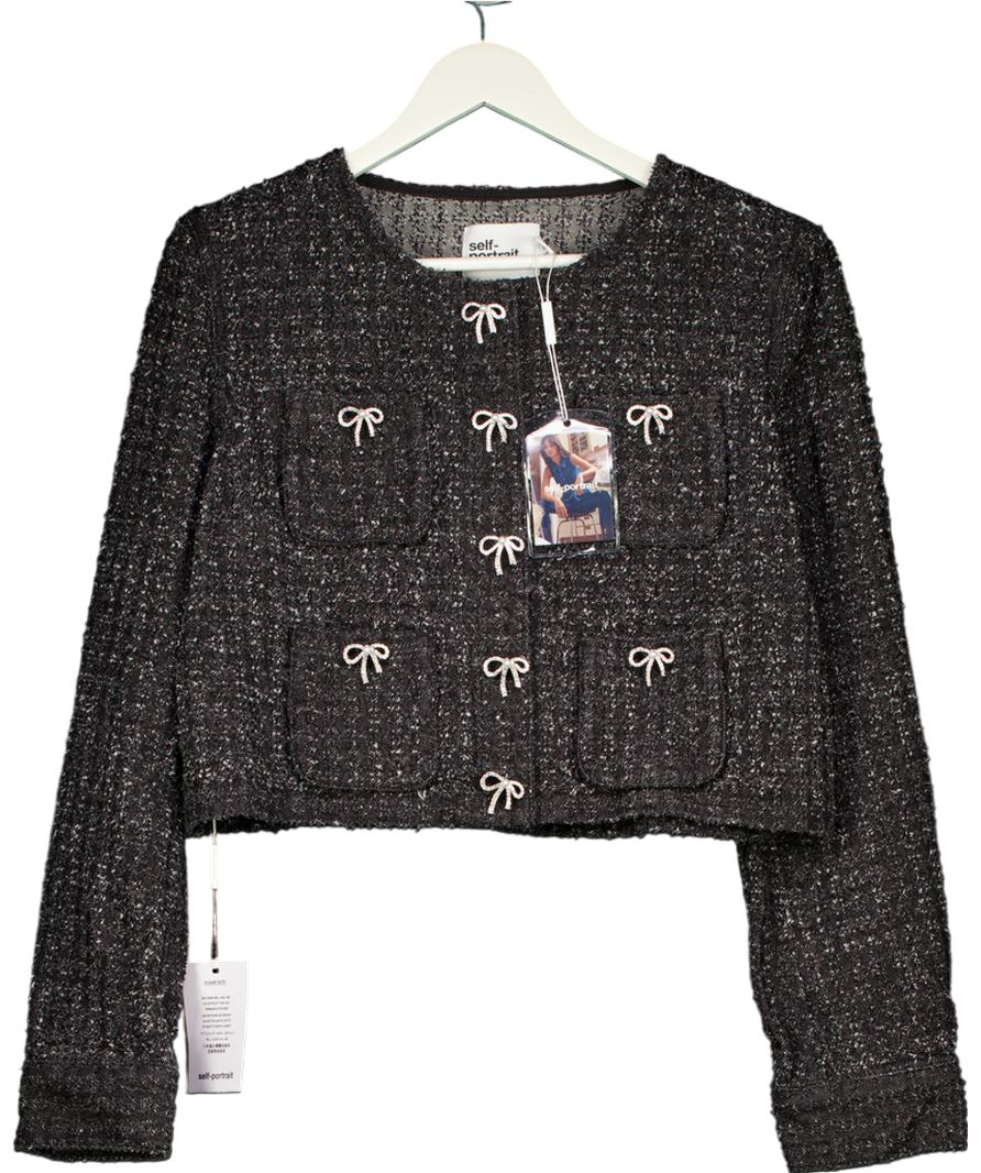 Self-Portrait Black Tweed Embellished Bow Button Jacket UK 16