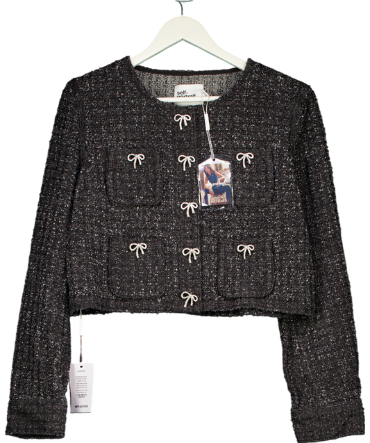 Self-Portrait Black Tweed Embellished Bow Button Jacket UK 16