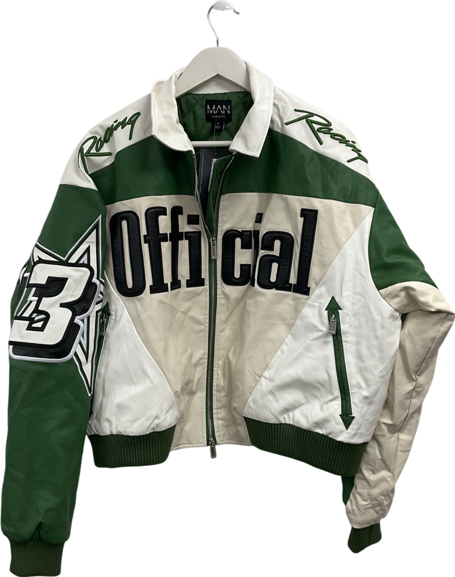 boohooMan Green Boxy Fit Pu Moto Collared Bomber Jacket UK M