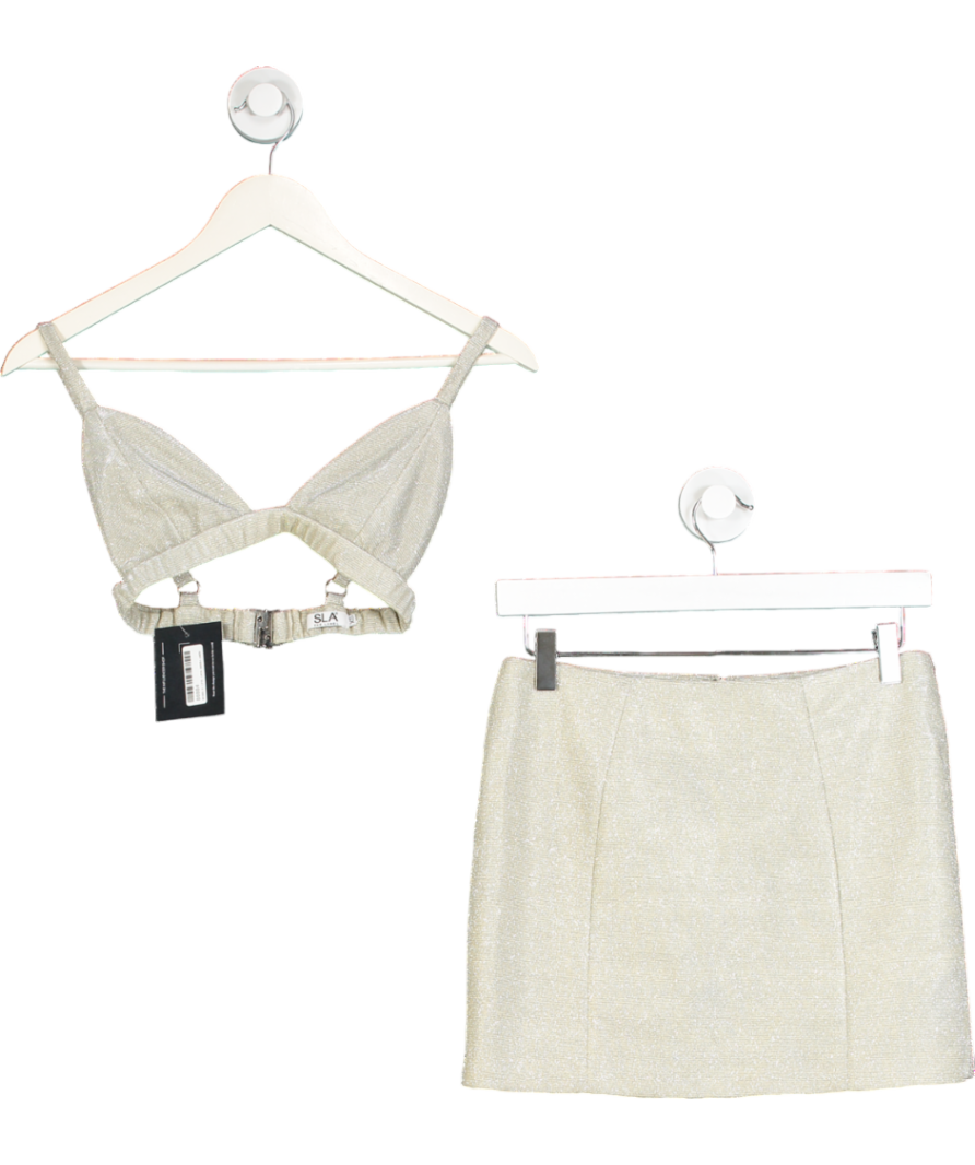 SLA the label Metallic Champagner Glitter Bralette And Mini Skirt Co-ord Set UK XS