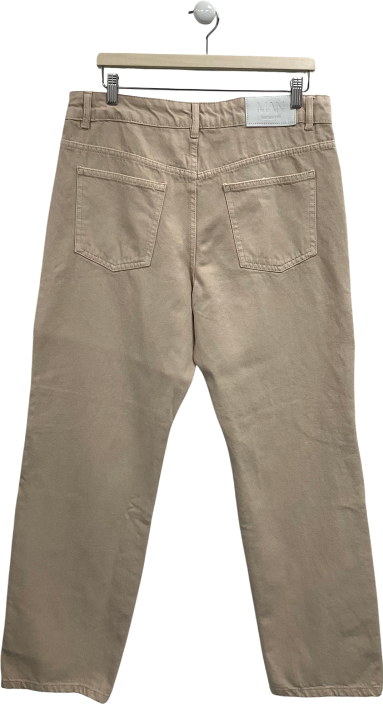 boohooMan Beige Relaxed Fit Overdyed Panel Jeans W34