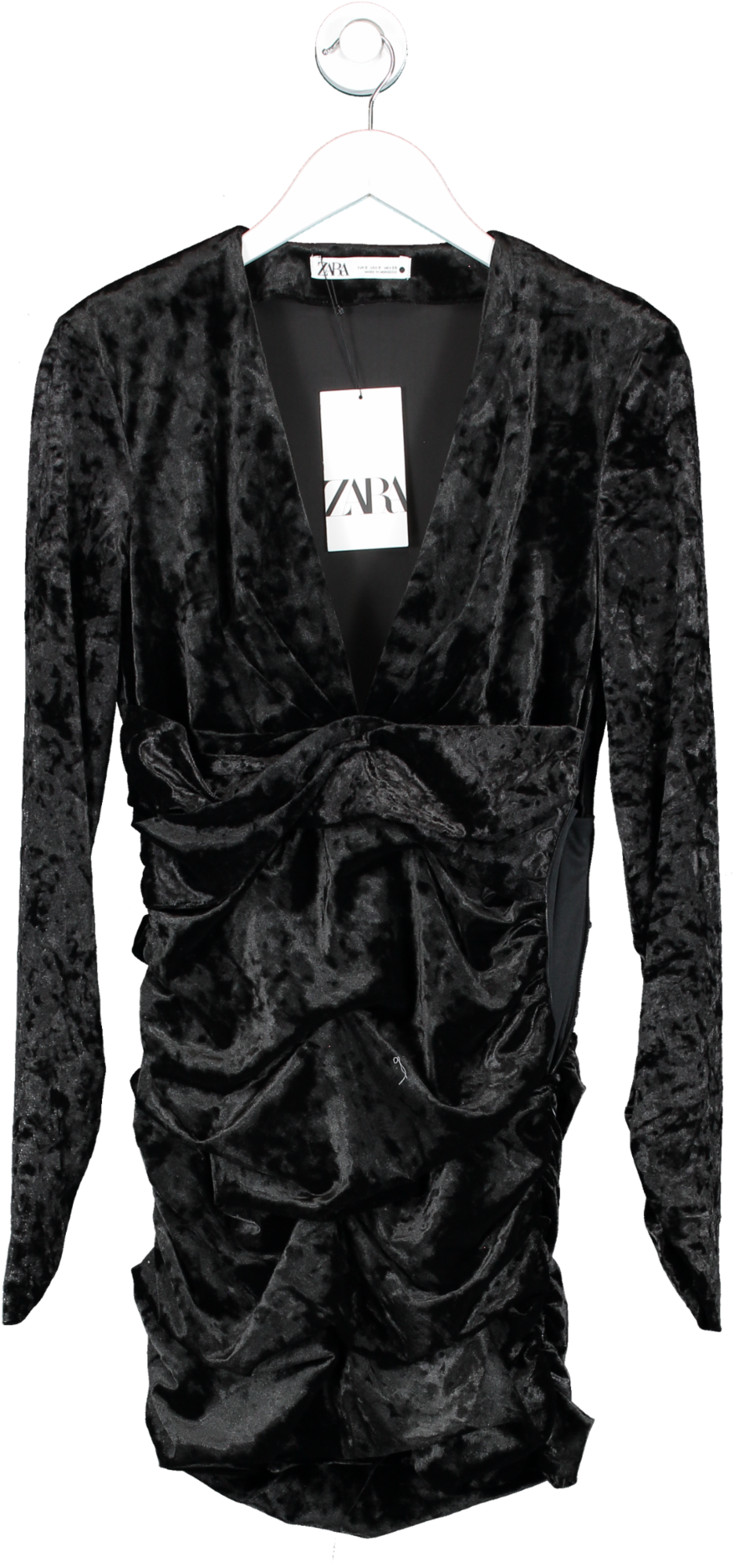 ZARA Black Velvet Long Sleeve, Low Cut Dress UK S