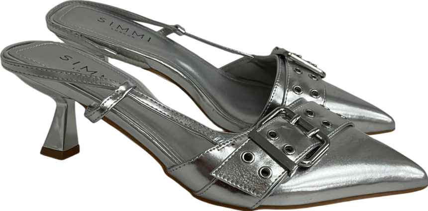 Simmi London Dala Pointed Kitten Heel Sling Backs With Eyelet Buckle Detail In Silver Metallic UK 5 EU 38 👠