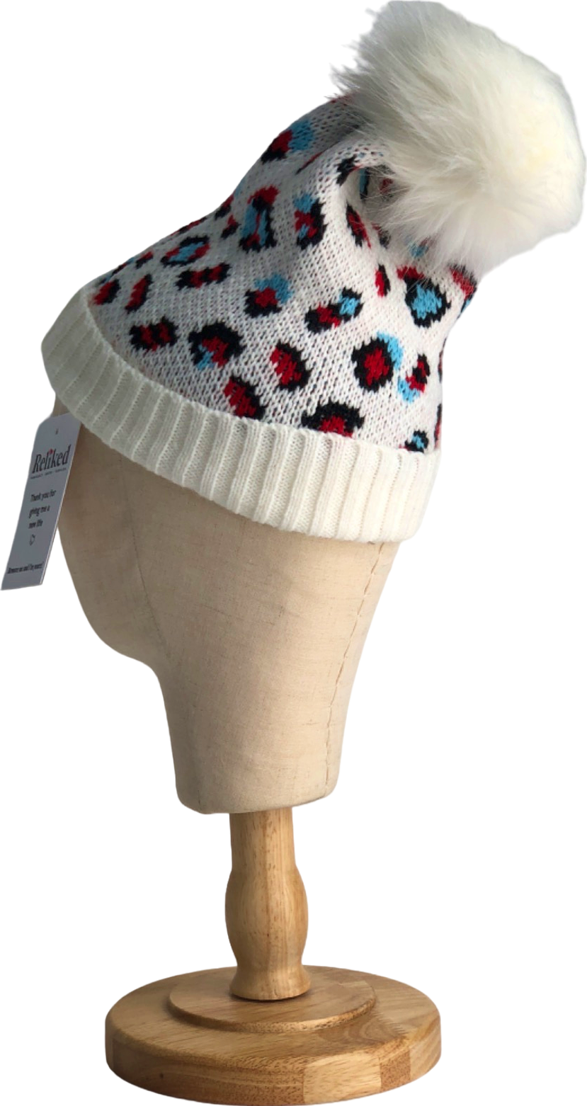 White Leopard Print Knit Beanie One Size