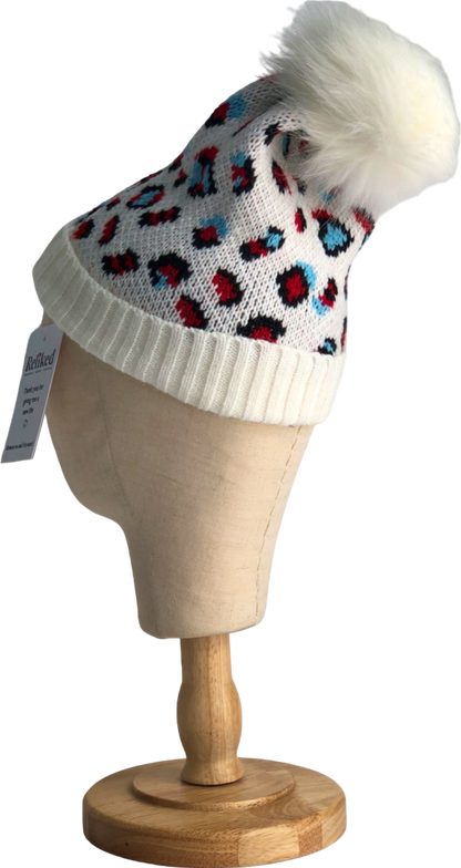 White Leopard Print Knit Beanie One Size