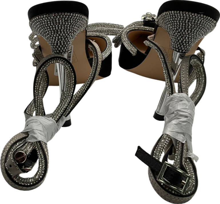 Public Desire Midnight Black Wrap Around Diamante Bow Pointed Toe High Heel UK 7 EU 40 👠