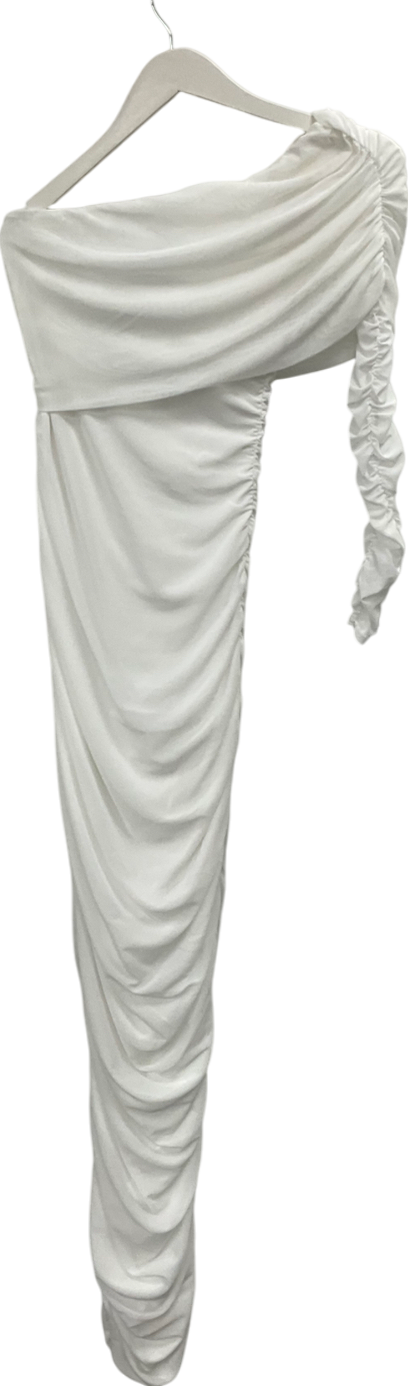 boohoo White One Shoulder Rouched Mesh Maxi Dress UK 12