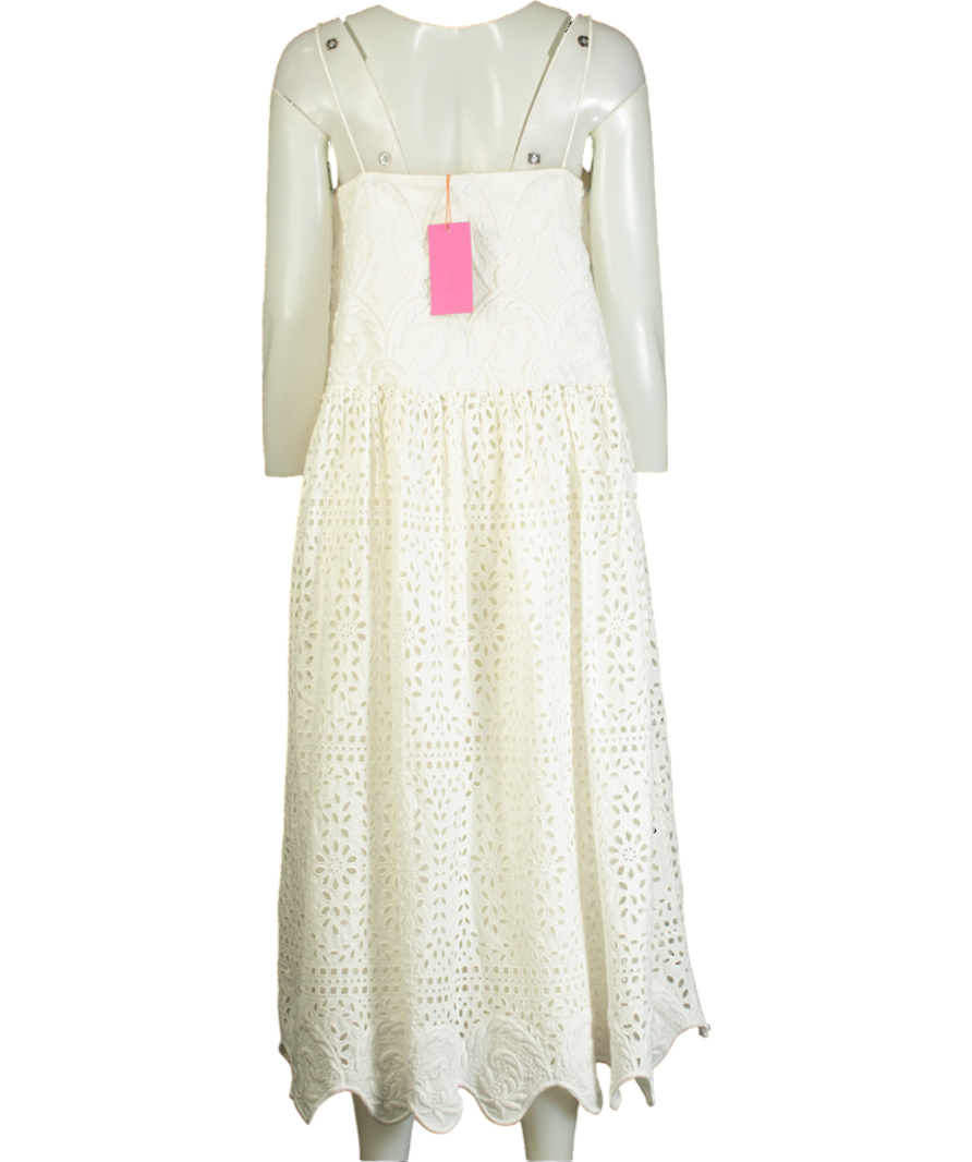 Rhode White Rosa Embroidered scallop hem Eyelet midi Dress UK L