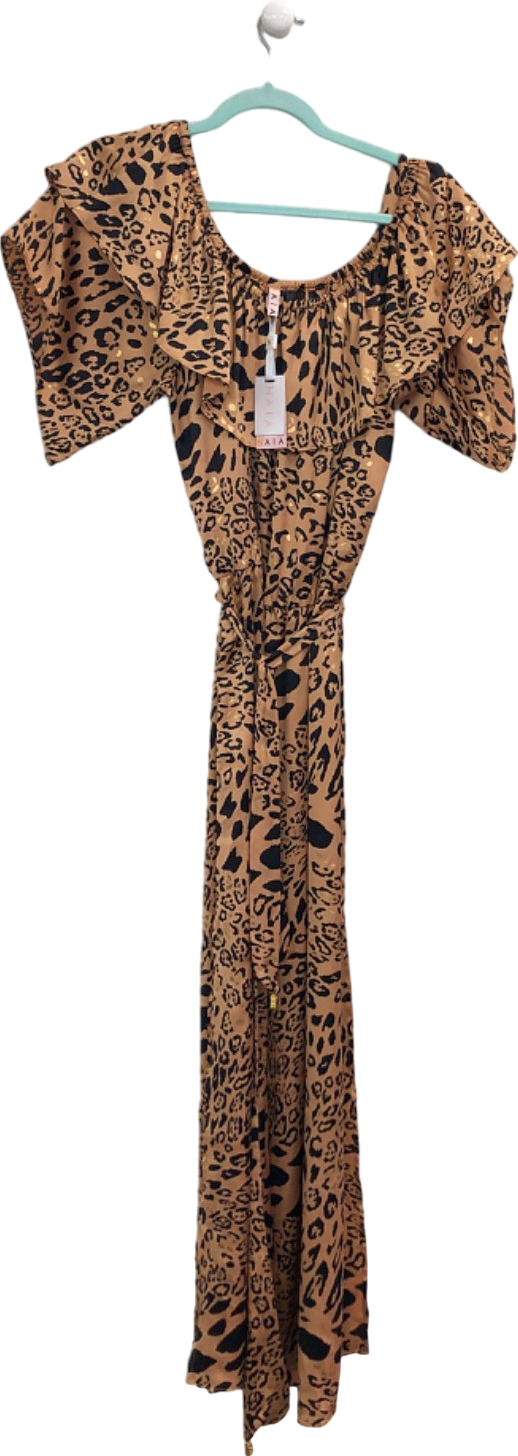 NAIA Leopard Halle Bardot Frill Maxi Dress Golden Leopard UK M